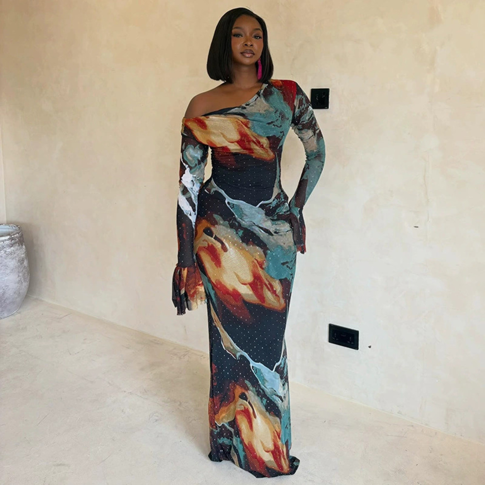 ZARA Printed Asymmetric Street Style Bodycon Dress Contrast Collar Bell Sleeves